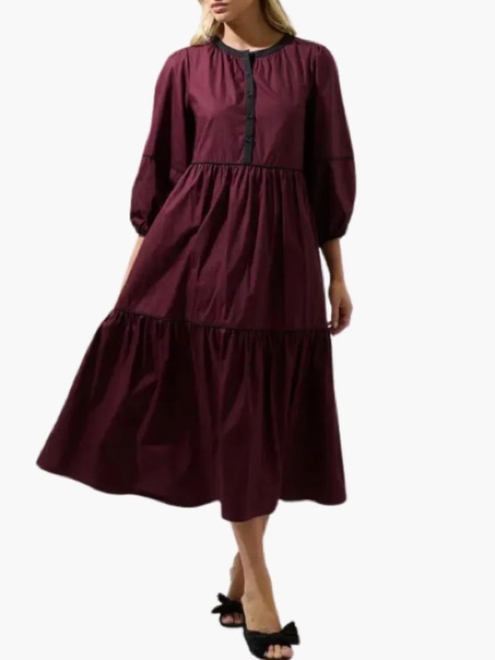 NWT Burgundy Button-Front Tiered Midi Dress
